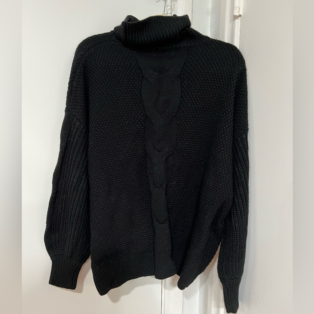 Black ZENANA Turtleneck Knit and Braid Design Top